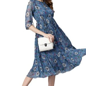 A woman wearing a Blue Poly Georgette Floral Flared Western Dress.