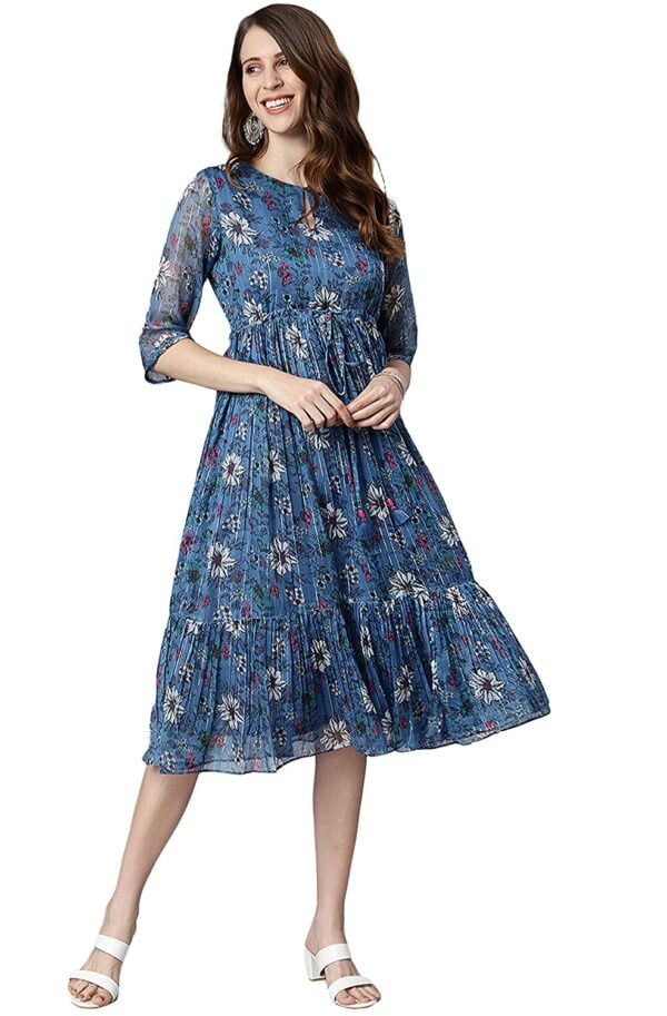 Blue Poly Georgette Floral Flared Western dress.