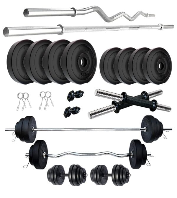 Home Gym Set 30 Kg  (30 Kg PVC Weight, 4 Ft Plain Rod, 3 Ft Curl Rod, 14'' Dumbbell Rods Pair, 4 Locks/Clippers), White