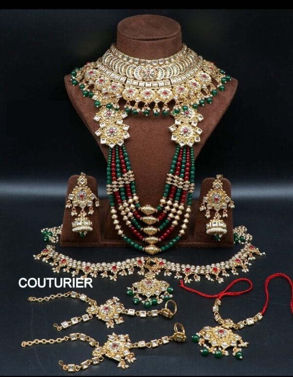 Indian Traditional Gold Plated Kundan Bridal Jewellery Set (Red and Green)