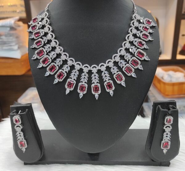 American Diamond Studded Necklace with Earring Jewellery Set for Girls and Women – Red Square