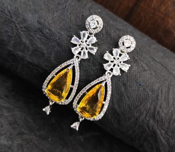 American Diamond Studded Handcrafted Long Teardrop Shaped Drop Earrings For Girls and Women - Yellow