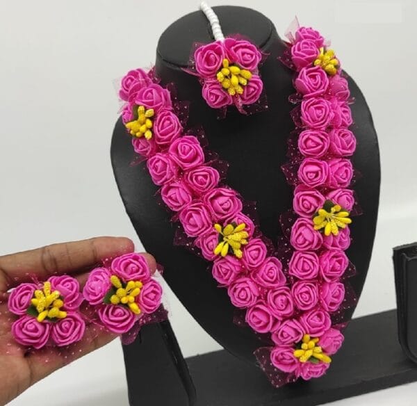 Flower Jewellery Set For Haldi , Necklace, Earrings for Women & Girls (Pink)