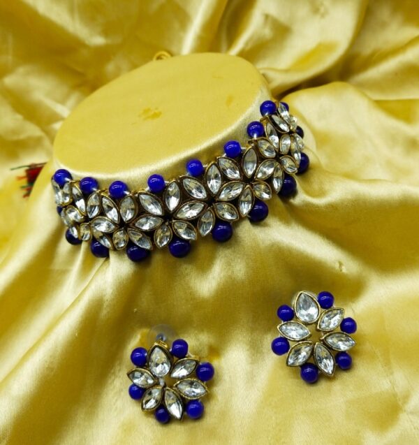 Female Fashion Choker Design , Kundan Necklace Jewellery Set for Women - Blue