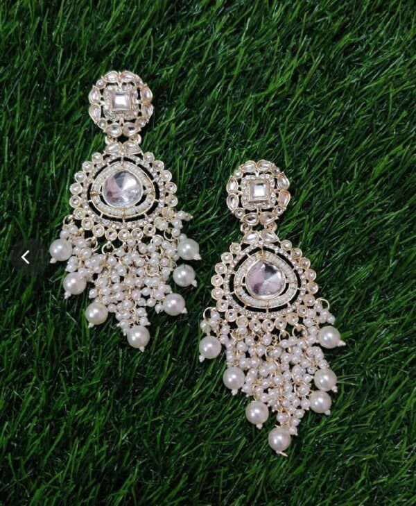 Gold-Plated White Kundan-Pearls studded Drop Earrings