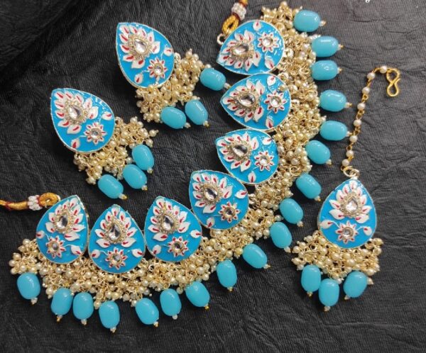 Simple Meenakari Bridal Choker Necklace Jewellery Set with Earrings & Maang Tikka - Blue